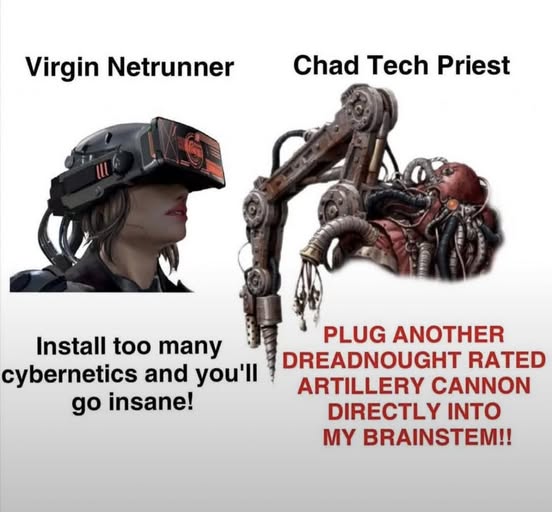 This meme is a humorous comparison between two characters from the video game "Cyberpunk 2070". It features an image of the character "Virgin Netrunner" with a quote saying "Install too many cybernetics and you'll go insane!" alongside an image of the character "Chad Tech Priest" with a quote saying "Plug another dreadnought rated artillery cannon directly into my brainstem!". The meme is poking fun at the idea that these characters are so extreme in their cybernetic enhancements that they're going to lose their minds.
